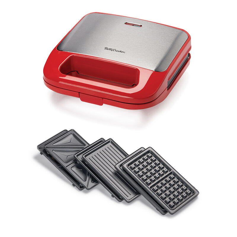 Betty Crocker 3-in-1 Indoor Grill, Sandwich/Panini Press, and Waffle Maker, Red