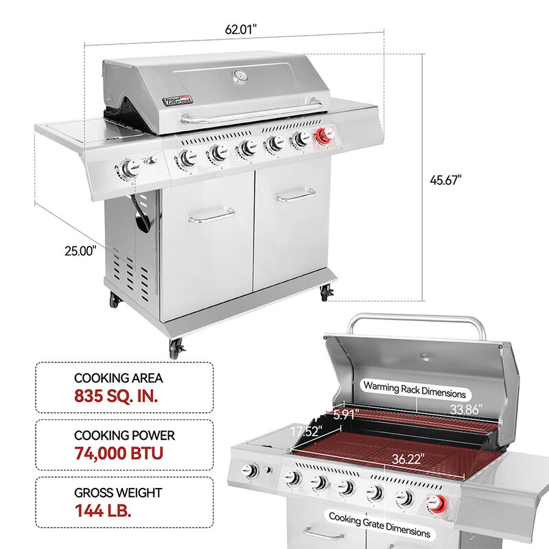 Royal Gourmet GA Series 6-Burner Gas Grill with Sear Burner and Side Burner image number 16