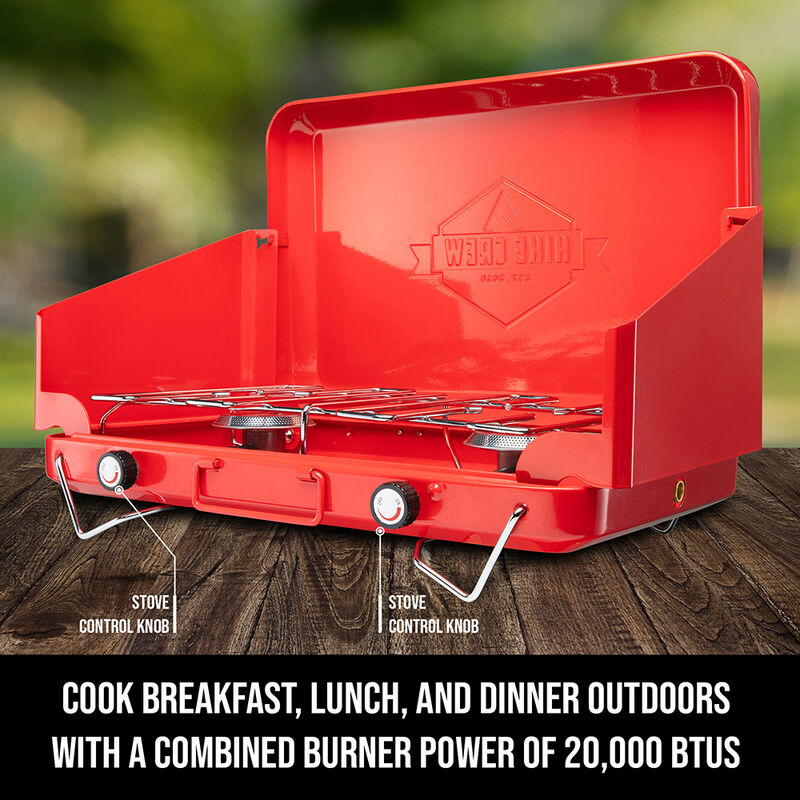 Portable Dual Propane Burner Camping Stove with Built-In Carrying Handle, Foldable Legs, and Wind Panels image number 2