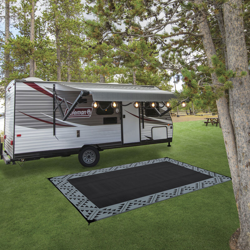 Reversible RV Patio Mat with Aztec Border Design, 8' x 11', Black/Gray image number 6
