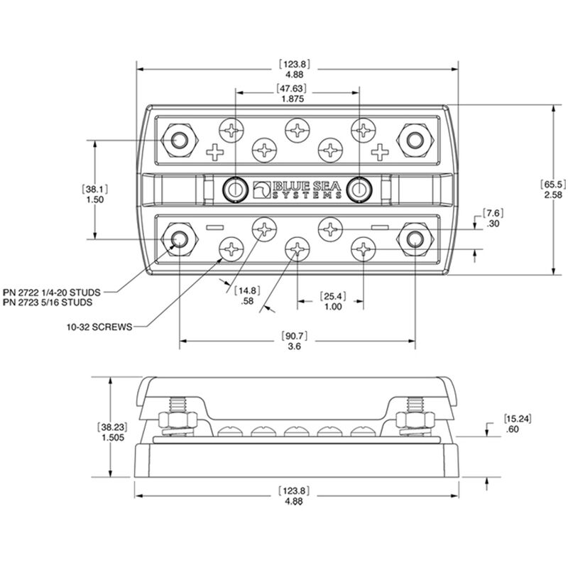 Blue Sea DualBus 150-Amp Common Busbar - (5) #10-32 Screws, (2) 5/16"-18 Studs image number 2