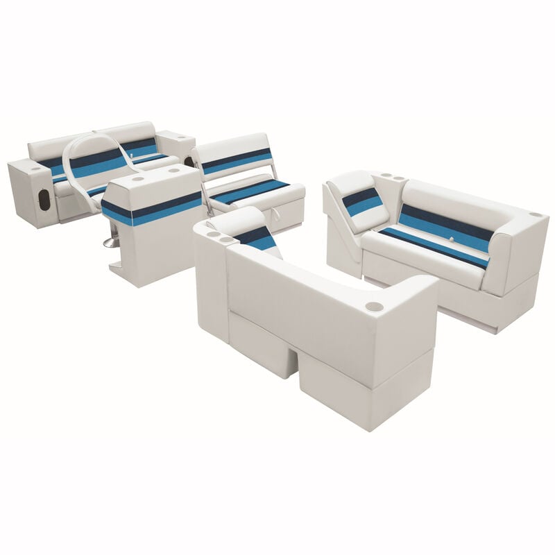 Deluxe Pontoon Seats w/Toe Kick Base, Complete Package E Plus Stand, White/Navy/ image number 1