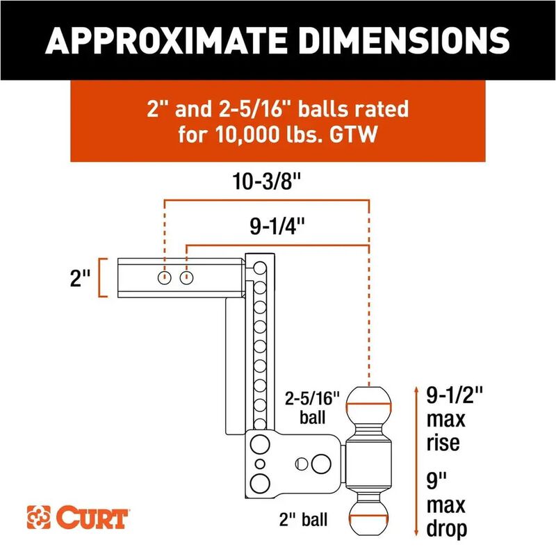 CURT StowPro Ball Mount, 9 in Drop, 2 in Shank, Dual Ball #45963 image number 4