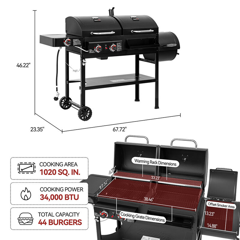 Royal Gourmet ZH3005Y 2-Burner Gas/Charcoal Grill with Offset Smoker + Side Burner image number 16