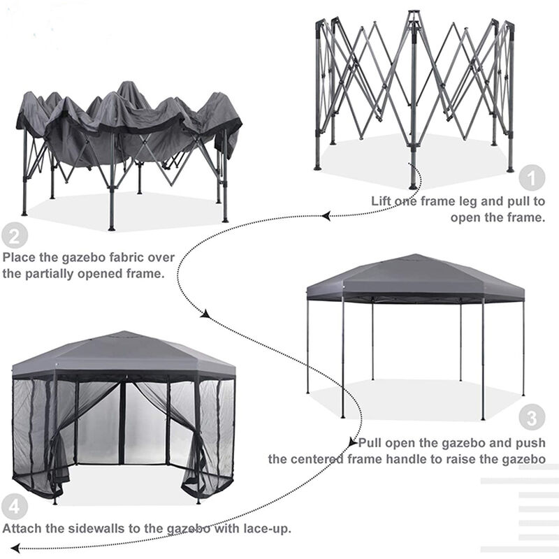 Hexagon Pop Up Gazebo Canopy 12' x 10' Tent with Mesh Sidewalls, Gray image number 3