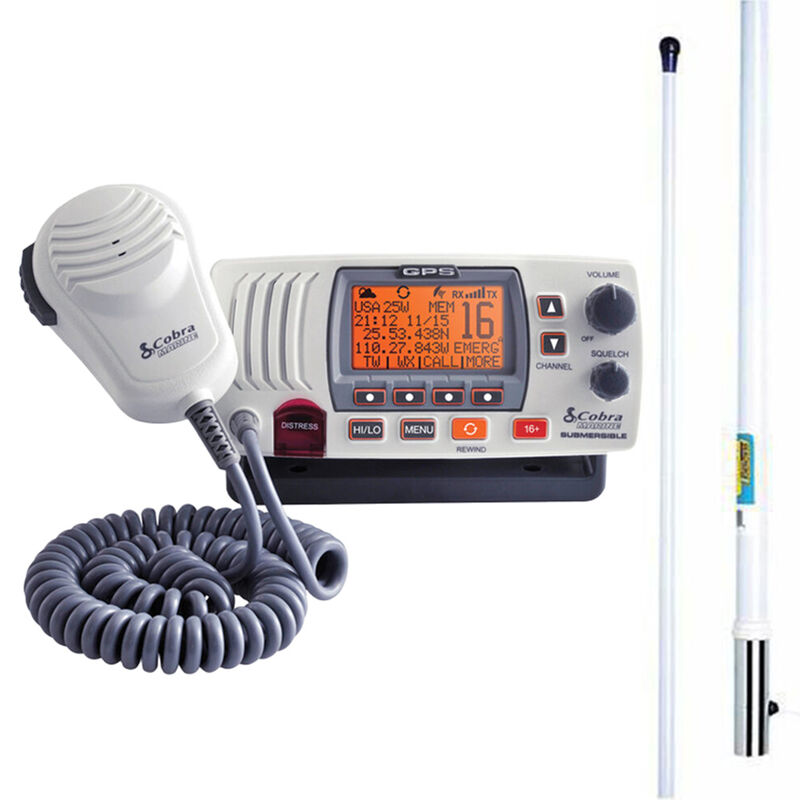 Cobra Marine MR F77 GPS Class-D Fixed-Mount VHF Radio with GPS Receiver and 8' Antenna, White image number 1