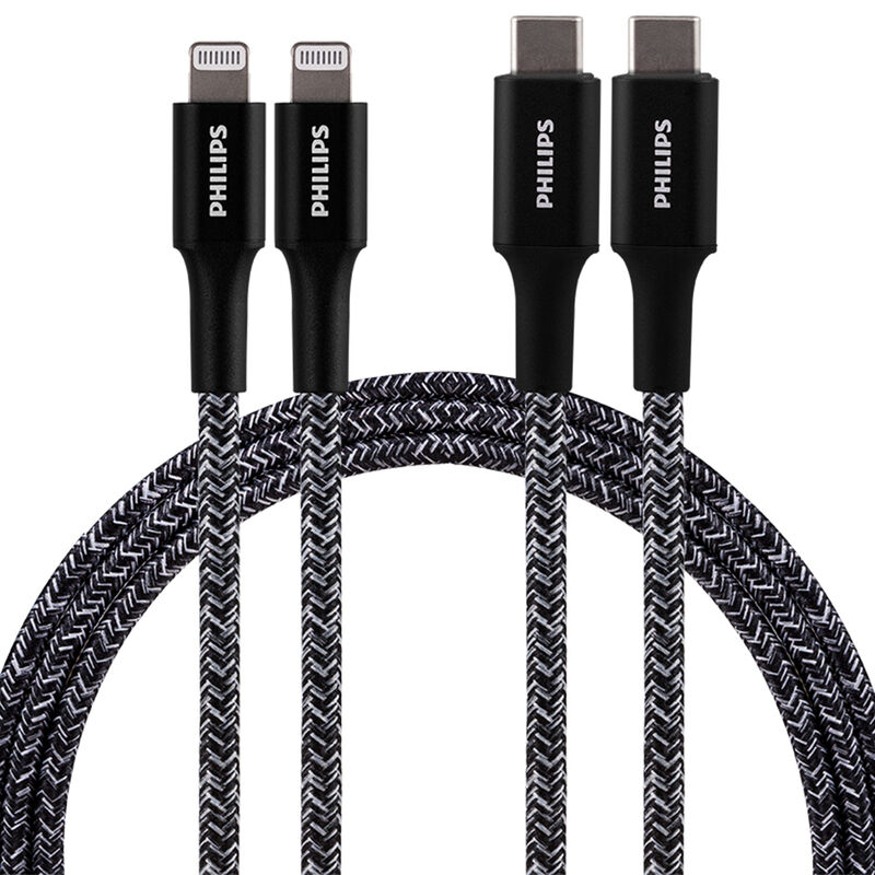 Philips 3' USB-C to Lightning Cable, Black, 2-Pack image number 1