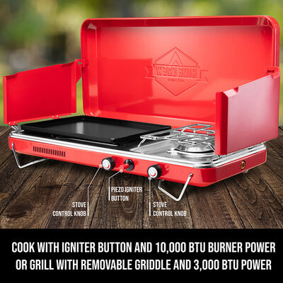 2-in-1 Portable Gas Camping Stove Burner and Griddle with Integrated Igniter and Drip Tray