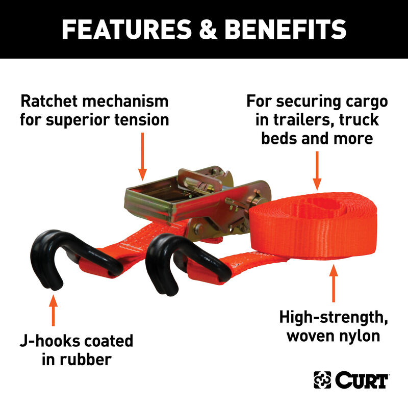 CURT 16' Orange Cargo Straps with J-Hooks, 1100 lbs., 2-Pack image number 4
