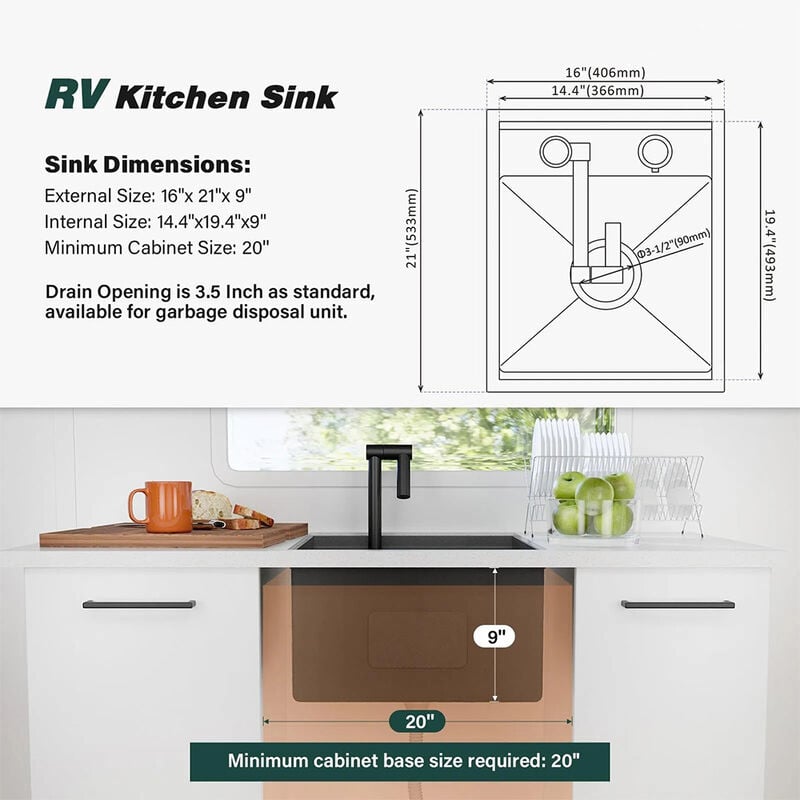 WELLFE RV Kitchen 16 x 21 x 9 in Undermount Bar Sink, 16 Gauge image number 2