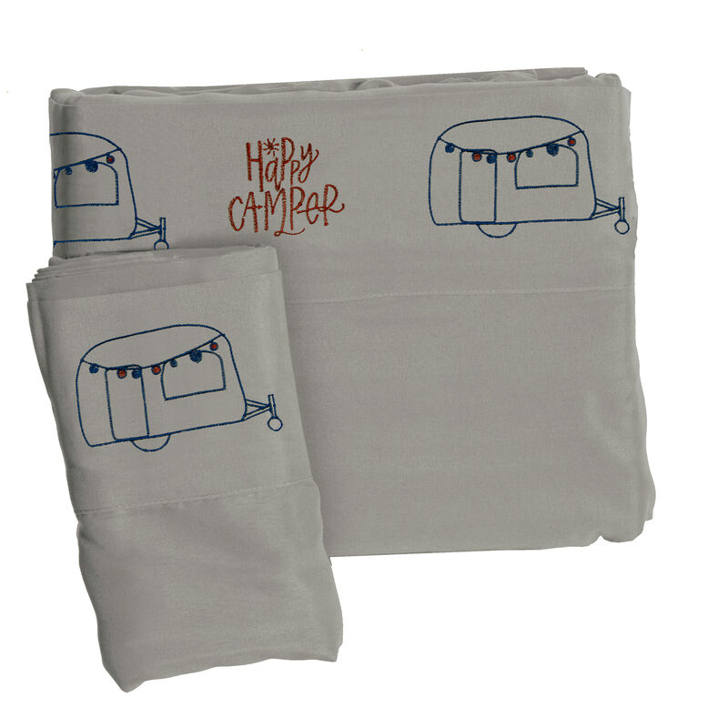 Microfiber Embroidered Sheet Set Grey/Teal, Happy Camper image number 2