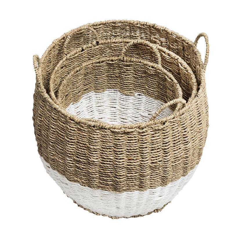 Honey Can Do Round Nesting Seagrass 2-Color Storage Baskets with Handles – Natural/White, Set of 3 image number 4