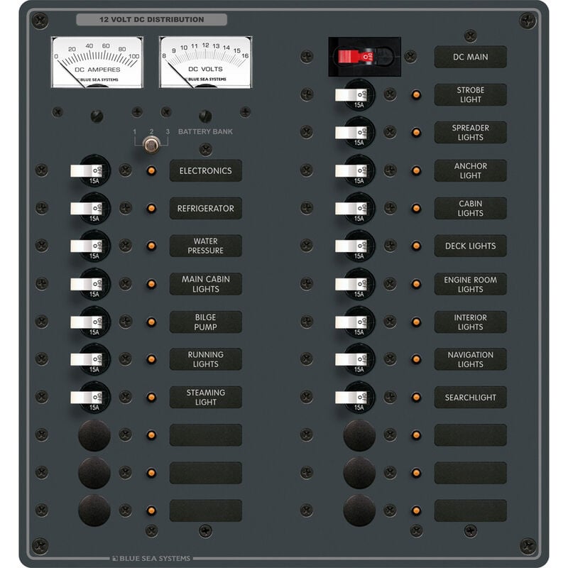 Blue Sea 12V DC Main + 22 Position Circuit Breaker Panel w/Analog Meters image number 1
