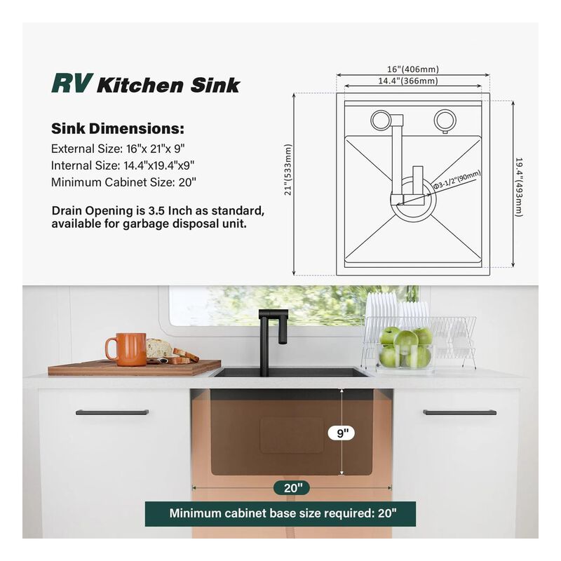 WELLFE RV Kitchen 16 x 21 x 9 in Undermount Bar Sink, 16 Gauge image number 2