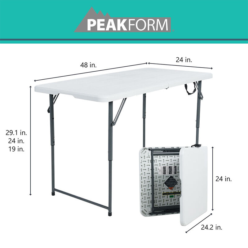 Peakform 4' Adjustable Fold-in-Half Table, White image number 3