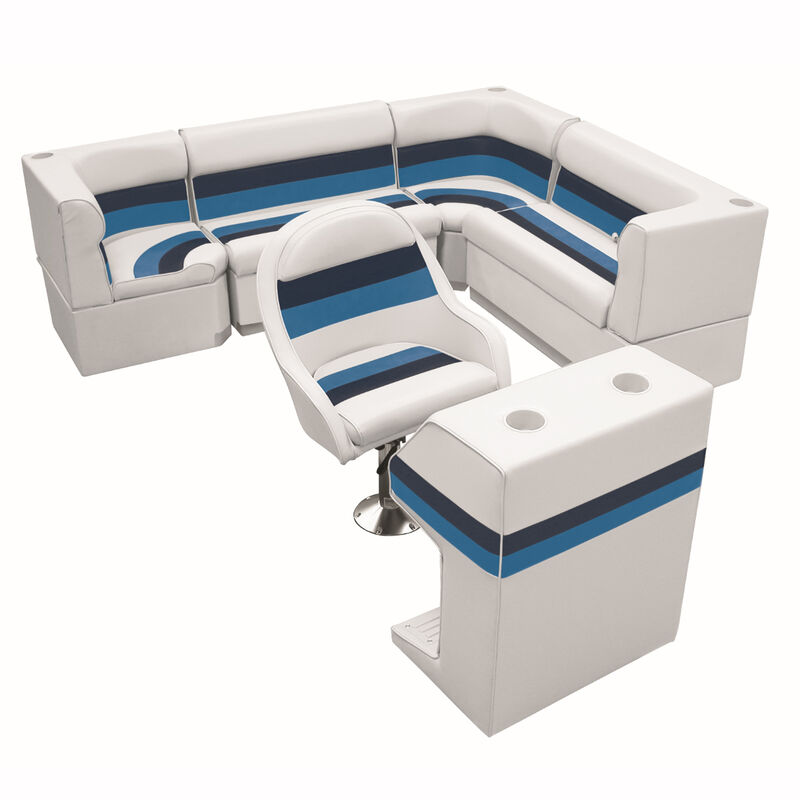 Deluxe Pontoon Furniture w/Toe Kick Base - Rear Big "L" Package, White/Navy/Blue image number 1