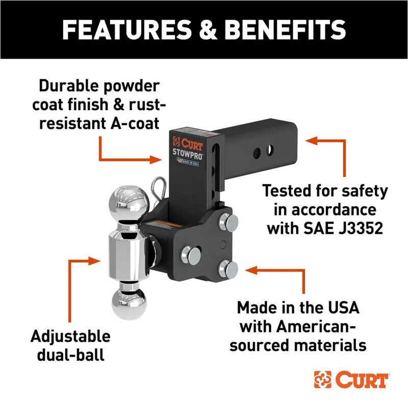 CURT StowPro Adjustable Ball Mount, 5 in Drop, 2-1/2 in Shank, Dual Ball #45971 image number 7