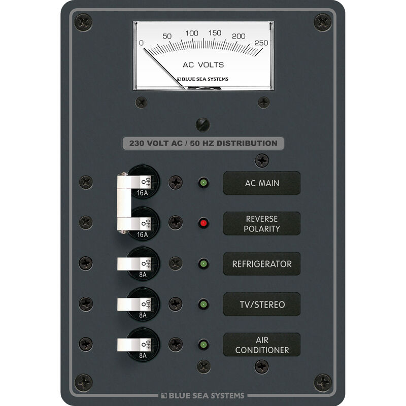 Blue Sea Systems Panel, 230V AC (European), AC Main + 3 Positions and Voltmeter image number 1