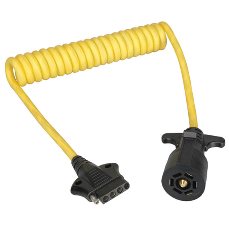 Coiled Trailer Connectors - 7-Blade Round Plug to 5/4-Wire Flat Plug