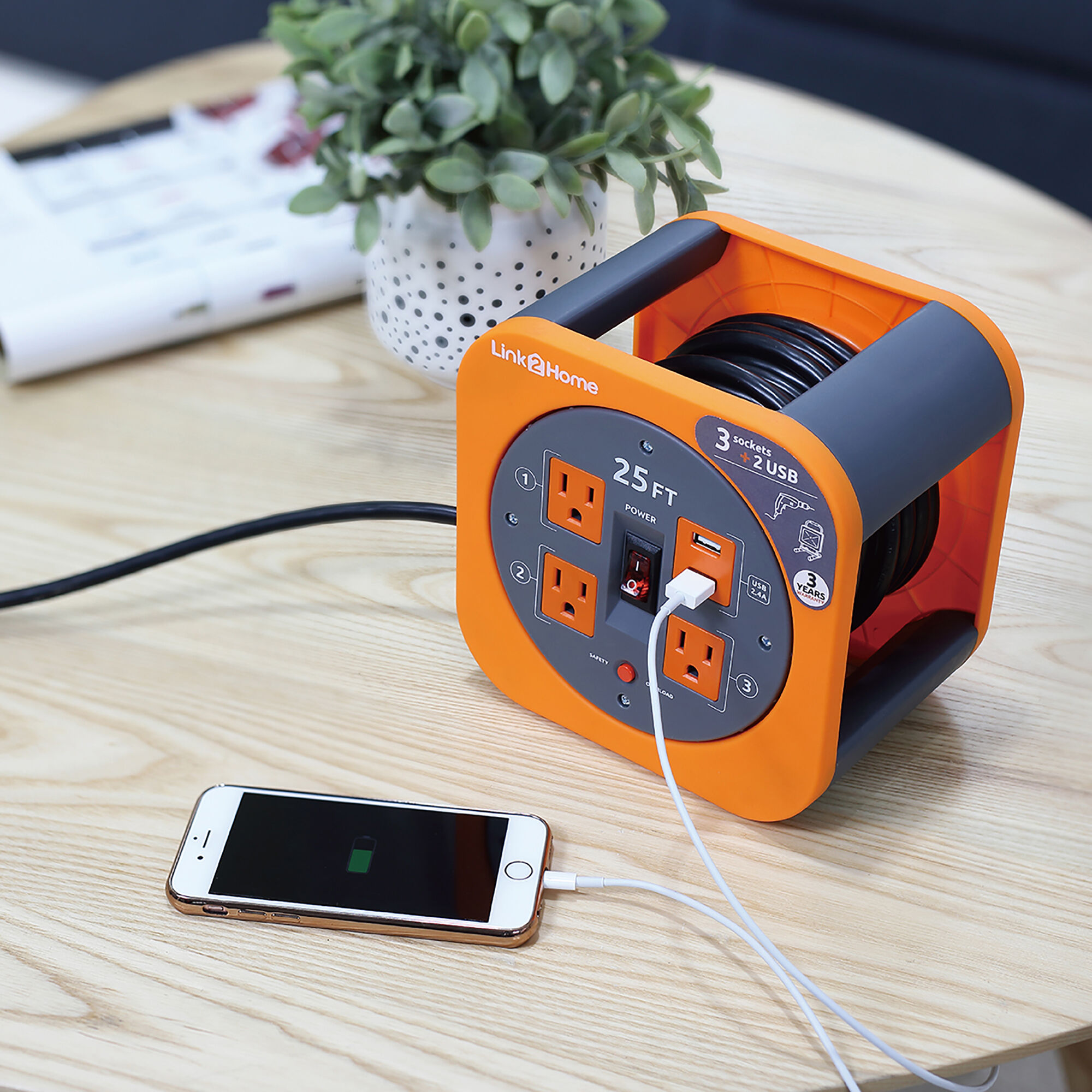 Link2Home 25' Cord Reel with Outlets & USB Ports