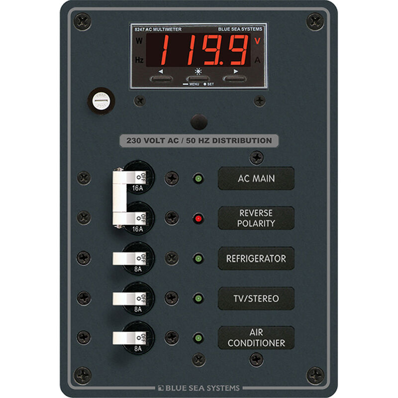 Blue Sea 230V AC Main + 3 Position Circuit Breaker Panel w/Digital Multimeter image number 1