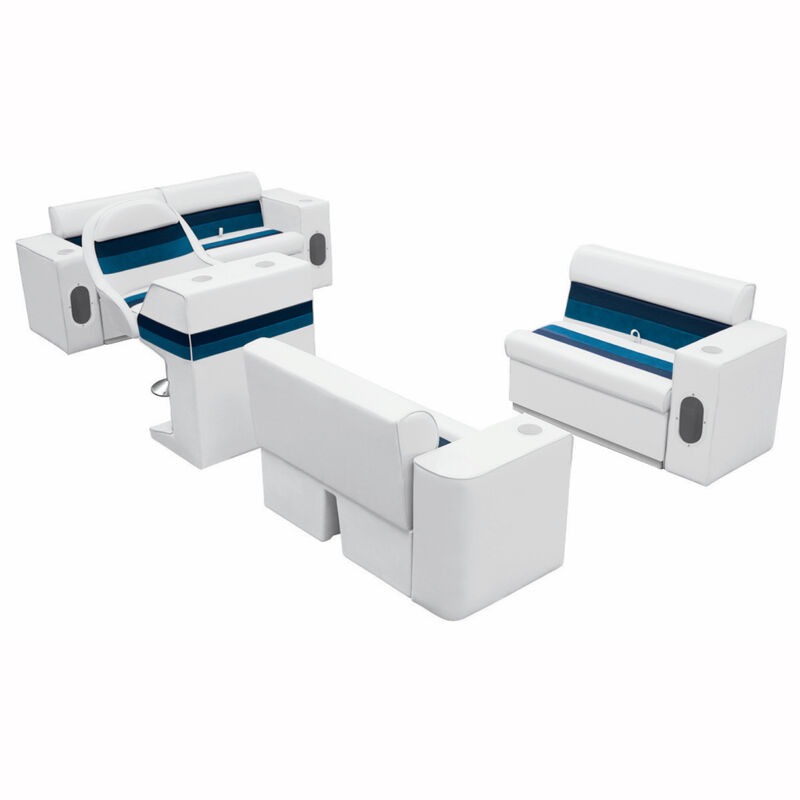 Deluxe Pontoon Seats w/Toe Kick Base, Complete Package Plus Stand, White/Navy/Bl image number 1