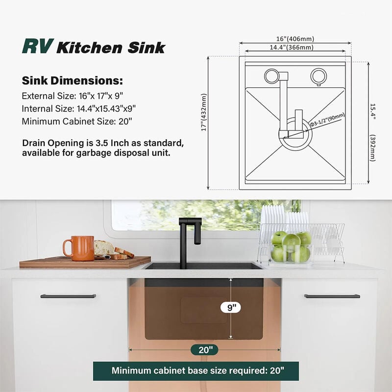 WELLFE RV Kitchen Undermount Bar Sink (16 x 17 x 9 in, 16 Gauge) image number 2