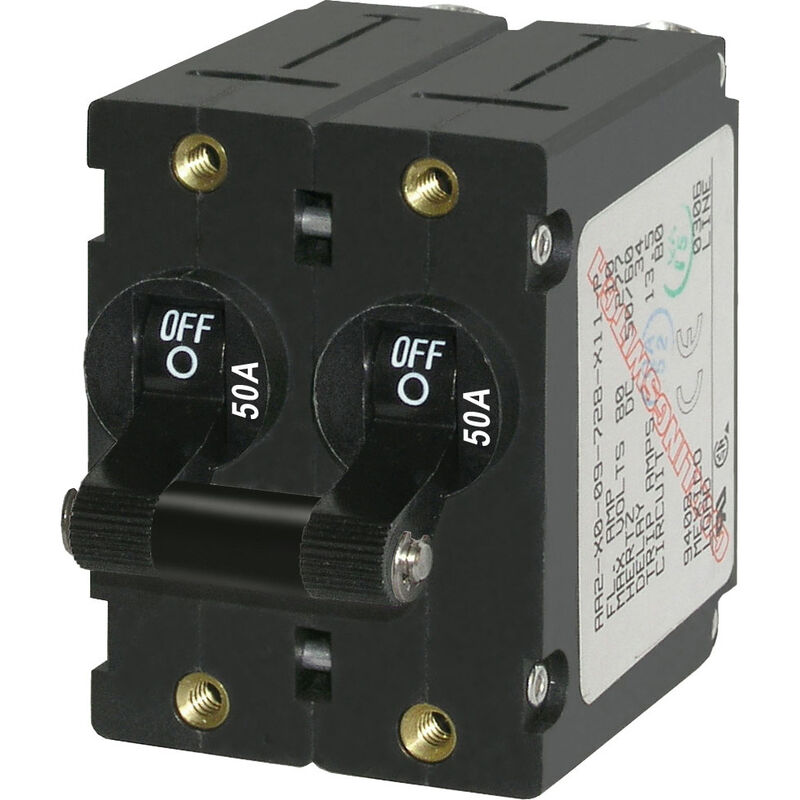 Blue Sea AC Circuit Breaker A-Series Toggle Switch, Double Pole, 50A, Black image number 1