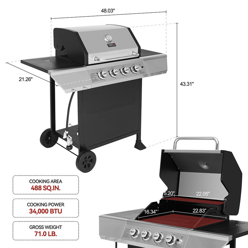 Royal Gourmet 4-Burner Propane Gas Grill with 2 Side Shelves image number 6