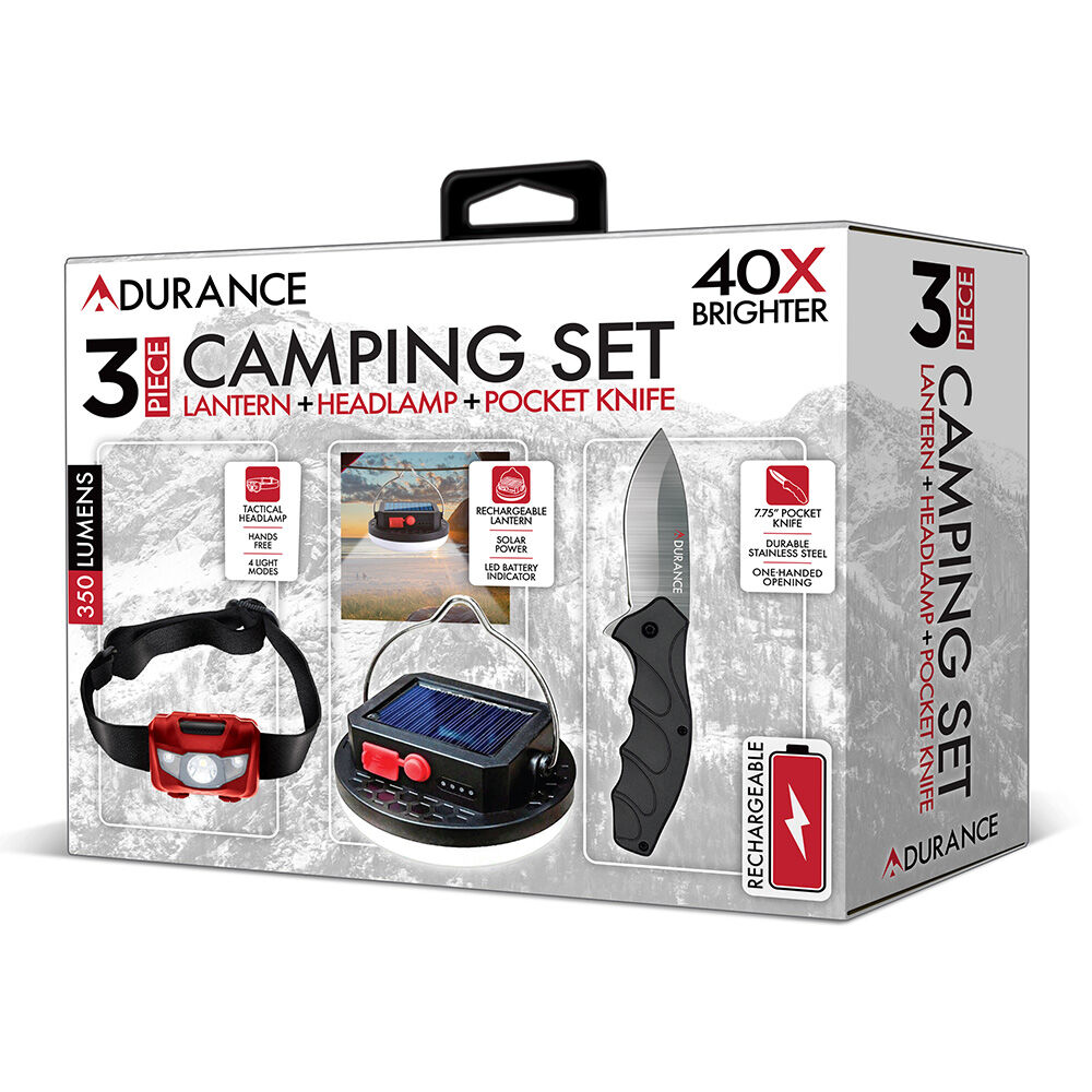 Adurance 3-Piece Camping Set, Lantern, Head Lamp, Pocket Knife
