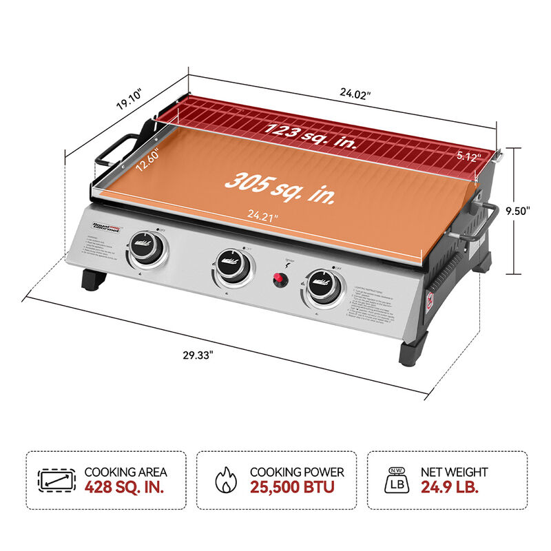 Royal Gourmet 24" Portable 3-Burner Tabletop Gas Griddle image number 6