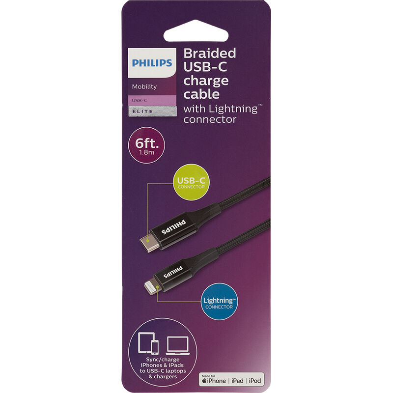 Philips Braided USB-C Charge Cable with Lightning Connector, 6', Black image number 6