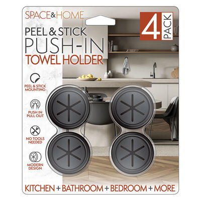 Space and Home Peel-and-Stick Push-In Towel Hooks, 4-Pack