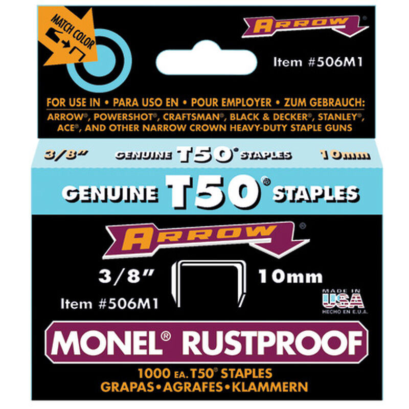 Arrow T50 3/8" Monel Rustproof Staples, 1000-ct. image number 1