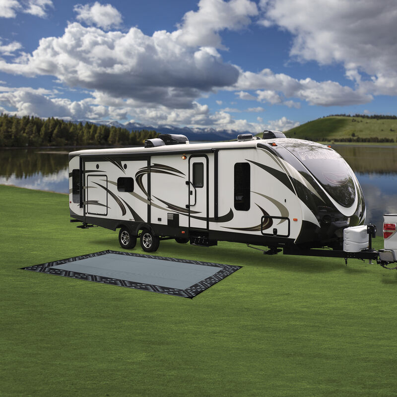 Reversible RV Patio Mat with Aztec Border Design, 8' x 11', Black/Gray image number 5