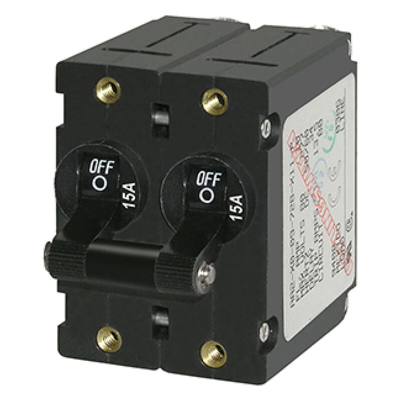 Blue Sea AC Circuit Breaker A-Series Toggle Switch, Double Pole, 15A, Black image number 1
