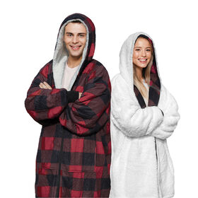 Sherpy Oversized Hoodie Blanket Reversible Sherpa Sweatshirt, Tonal Buffalo Print/White