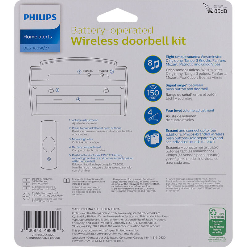 Philips Battery-Operated 8-Melody Doorbell Kit image number 10