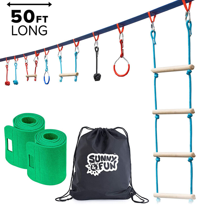 Sunny & Fun Mega Slack Line Hanging Obstacle Course with Cargo Climbing Net image number 1