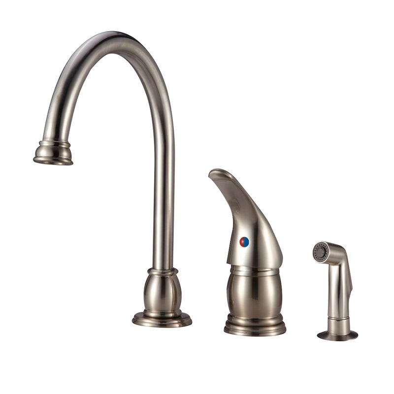 Dura Faucet Goose-Neck Pedestal RV Kitchen Faucet with Side Sprayer, Brushed Satin Nickel image number 1