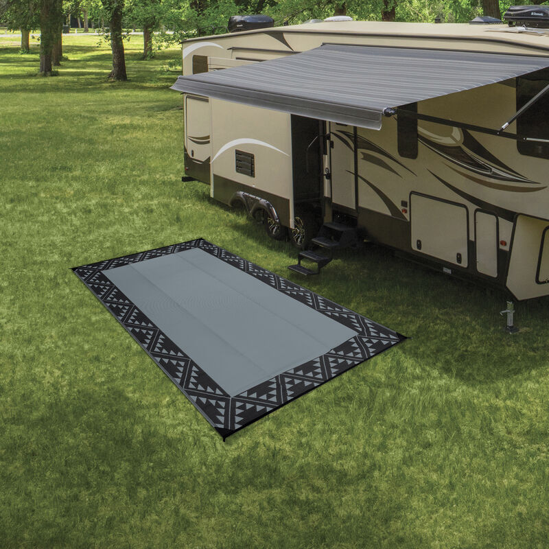 Reversible RV Patio Mat with Aztec Border Design, 8' x 11', Black/Gray image number 4
