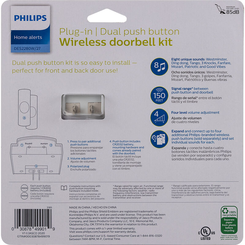 Philips Plug-In 8-Melody Doorbell Kit with 2 Push Buttons image number 2