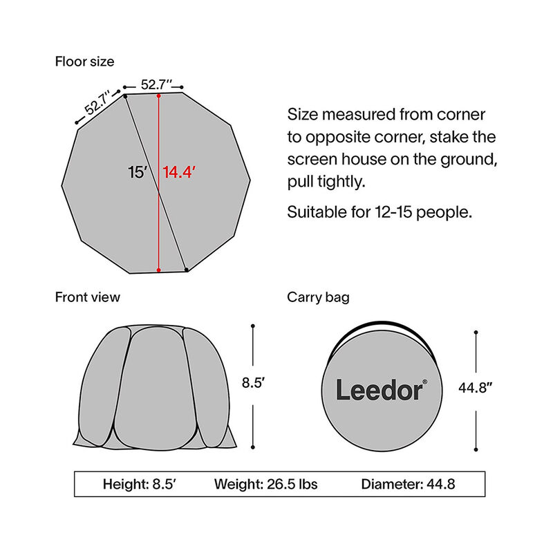 Leedor Pop-Up Screen House Tent, 15' x 15', Gray image number 4