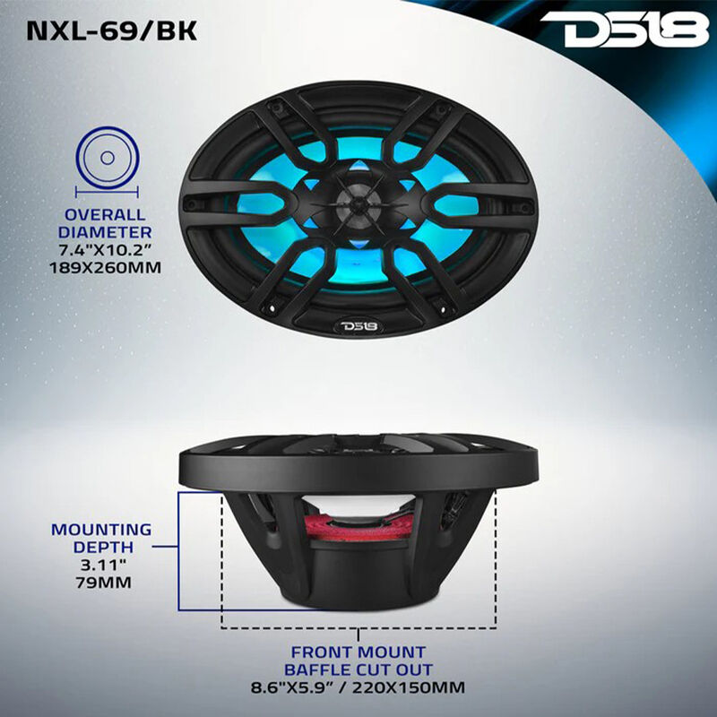 DS18 NXL-69 6" x 9" Two-Way Coaxial Marine Speakers with RGB LED Lights, Pair image number 7