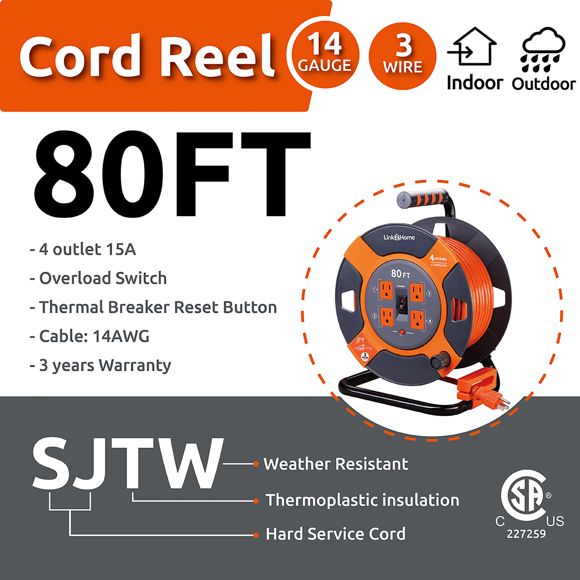 Link2Home 80' Extension Cord with 4 Outlets -