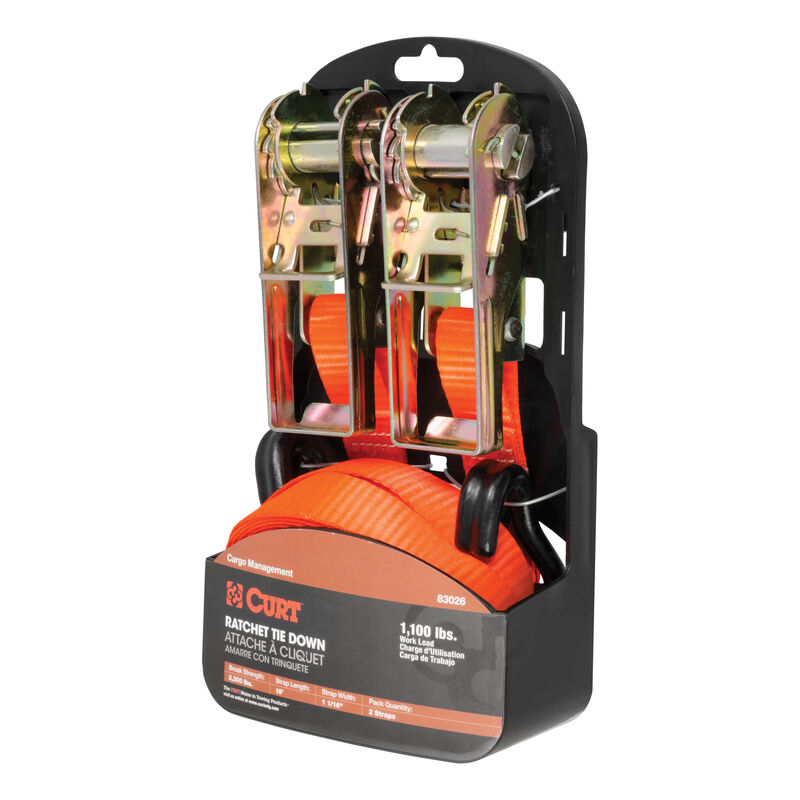 CURT 16' Orange Cargo Straps with J-Hooks, 1100 lbs., 2-Pack image number 2