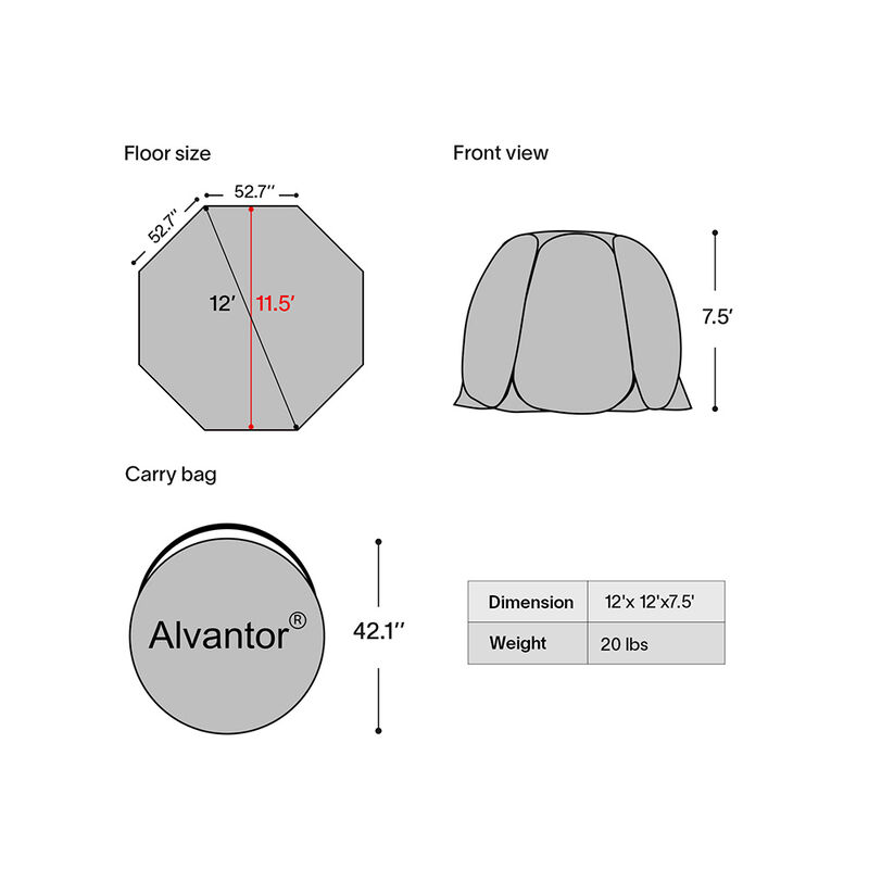 Alvantor Pop-Up Screen House Tent, 12' x 12', Beige image number 7