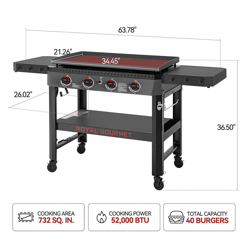 Royal Gourmet 34in 4-Burner Propane Griddle w/ Shelves & Storage image number 8