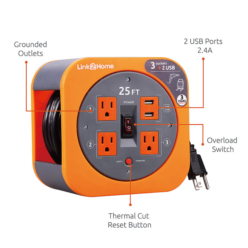 Link2Home Cord Reel 25' Extension Cord with 3 Power Outlets and 2 USB Ports image number 2
