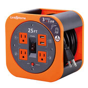 Link2Home Cord Reel 25' Extension Cord with 3 Power Outlets and 2 USB Ports